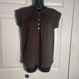LOFT Henley Tunic Tee Women Petite XS Brown Cotton Blend Shirt Gold Button Top
